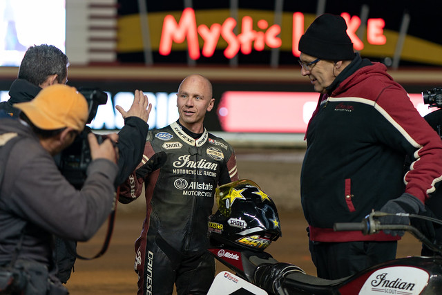 American Flat Track Twins racer, Bryan Smith (4) celebrates his win in the at the Indian Motorcycle Minnesota Mile at Canterbury Park in Shakopee, Minnesota