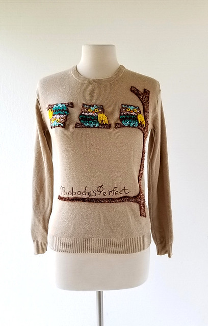 1970s owls Nobody's Perfect chenille embroidered sweater