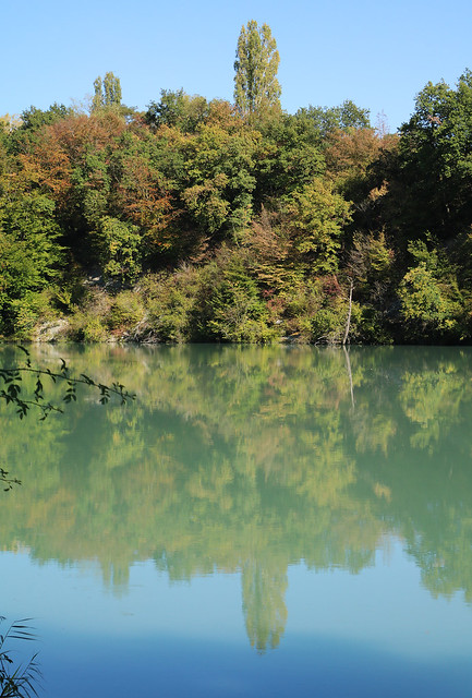 Autumn colors reflect in the Rhône river, near Pougny. September 27. 2018