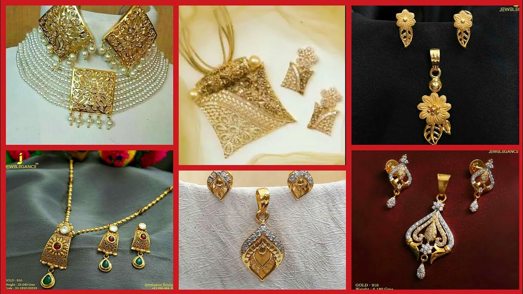 PE8830 Delicate Two Tone Gold Design Pendant Earrings Fancy Chain Set   JewelSmartin