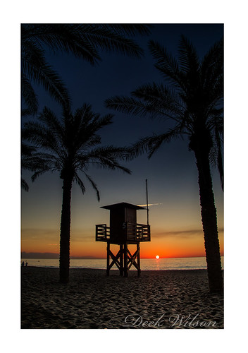 lifeguard tower sunrise tree silhouettebeach sea earlymorningsky mediterraneansea themed torremolinos costadelsol beachfront seascape