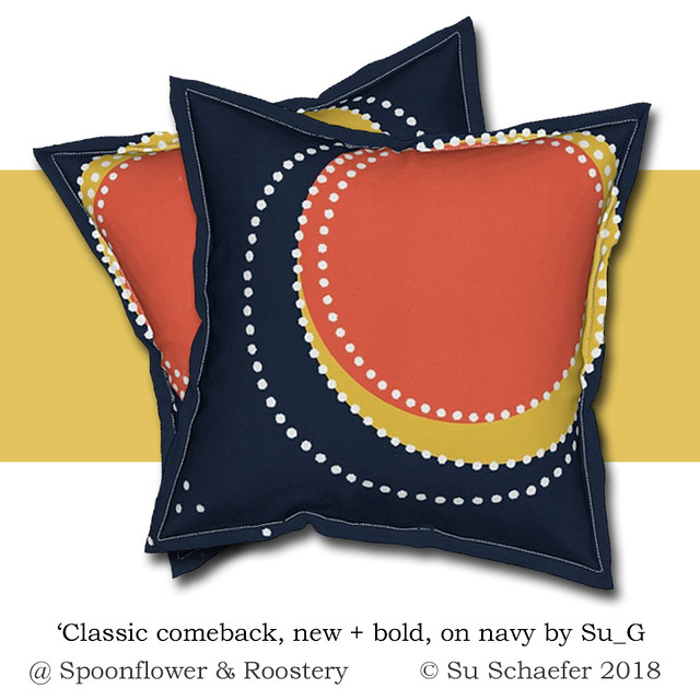 'Classic comeback, new + bold, on navy by Su_G': cushions mockup
