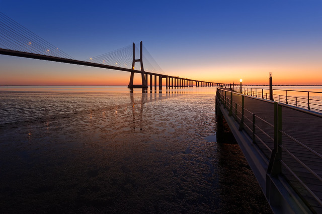 Vasco da Gama bridge (right side), Lisbon, just before sunrise
