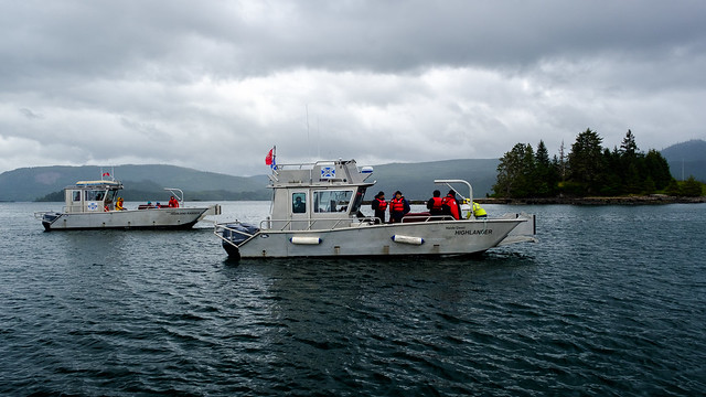 The Ranger and the Highlander heading to the village site in Skidegate Inlet.