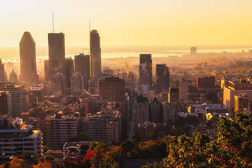 canada quebec montreal mont mount mt royal sunrise morning skyline buildings city cityscape fall autumn golden river skyscrapers tree trees foliage