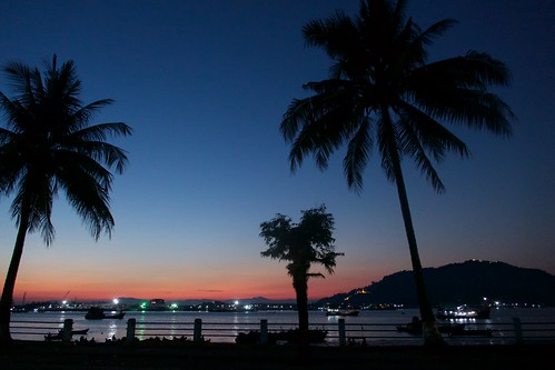 boat sunset waterfront myeik tanintharyistate myanmar tree townscape lake