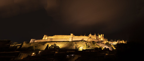 night panorama of the magnificent walled city of Carcassonne, Aude, Occitanie, France by grumpybaldprof, This was taken from the roof-top terrasse of a charming little hotel, Hotel du Pont Vieux, 32 rue Tr