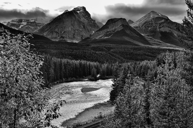 Beautiful Mountain Peaks Caught in the Late Afternoon Sunlight as a Backdrop for Morant's Curve (Black & White).