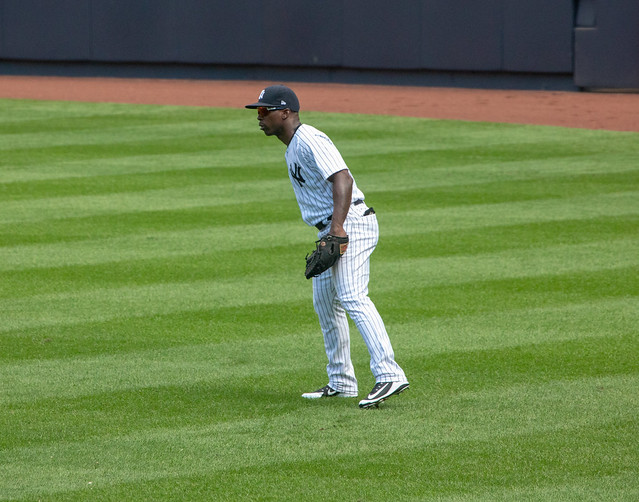 New Yankees outfielder Andrew McCutchen stands at the ready against the Blue Jays, 9/16/2018.