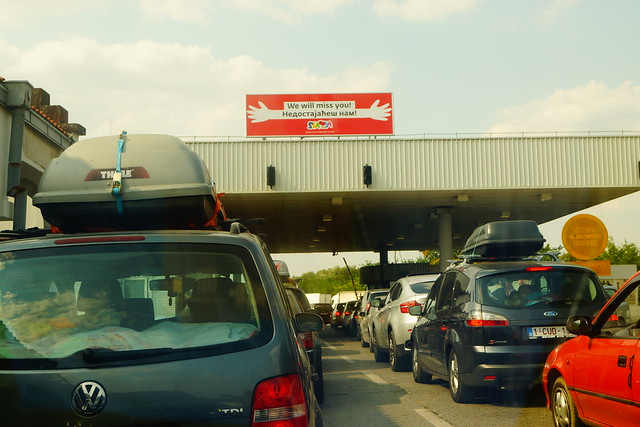 Long Car Queue at Serbia and Hungary Border Crossing Station Subotica - Tompa