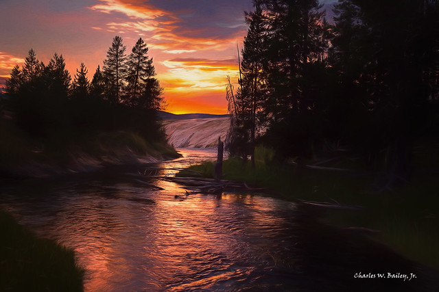 Digital Colored Pencil Drawing of the Firehole River by Charles W. Bailey, Jr.