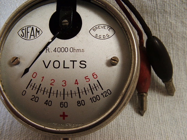 Old voltmeter. Quando la tensione nelle case era 125 Volts e i lenzuoli erano filati e tessuti a mano. Vecchio Voltmetro.