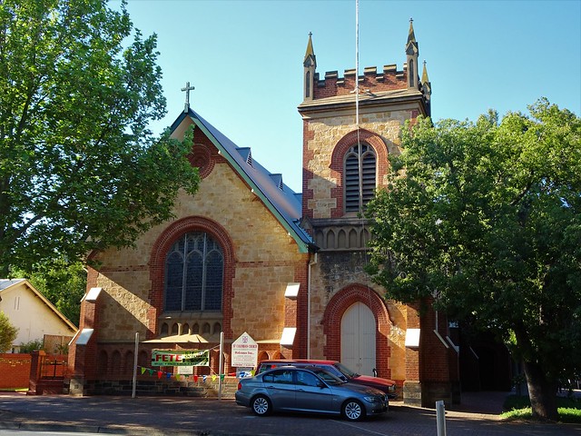 Hawthorn Adelaide.  St Columba's Anglican Church and tower. Built in local  sandstone with brick quoins. Opened in 1898.
