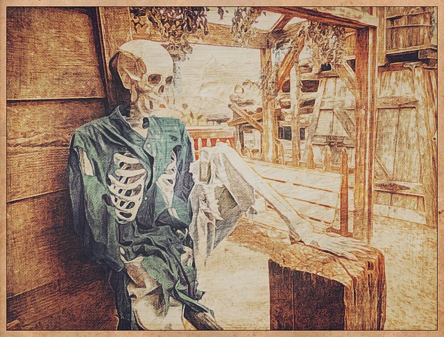 Skeleton hanging out at Calico Ghost Town. #calicoghosttown #skeleton #halloween #brushstrokes #photocopier #stackablesapp #snapseed #formulasapp