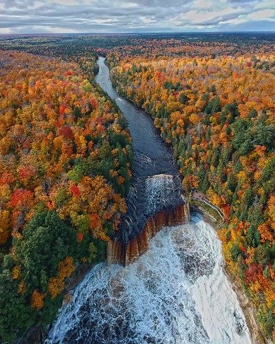 waterfall falls upper peninsula mi michigan up river trees fall autumn water sky landscape nature new art color oramge greem white brown october dji drone spark clouds colorful colors instagram explore adventure pure travel vacation trip roadtrip hills midwest usa america