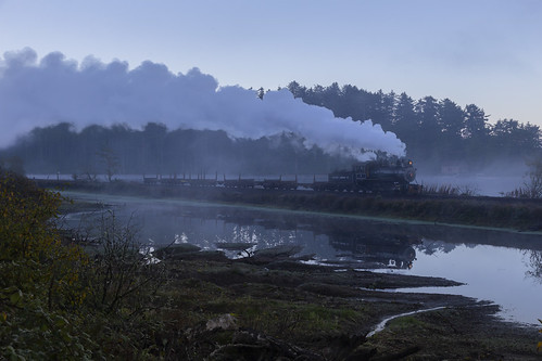 oregon coast scenic railroad barview garibaldi polson lumber company logs lake water mist fog morning train steam locomotive