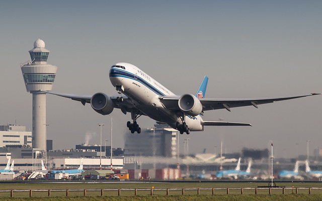 China Southern Cargo Boeing 777F rocketing out of Amsterdam for Guangzhou