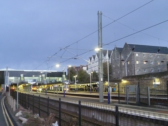 Haymarket station, Edinburgh, as darkness falls.
