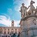 L'area trapezoidale di #piazza del #Campidoglio è delimitata dai due edifici dei #MuseiCapitolini contrapposti, che con le loro facciate specularmente identiche, con andamento divergente rispetto al Palazzo Senatorio, racchiudono lo spazio come quinte sce