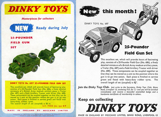 Dinky Toys No 697  25-Pounder Field Gun Set Publicity from 1957. Meccano Magazine and Eagle Comic