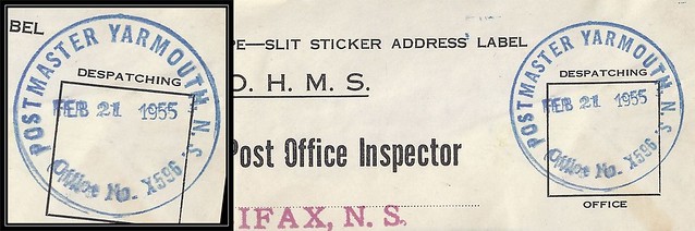 Nova Scotia Postal History - 21 February 1955 - POSTMASTER YARMOUTH, N.S. / Office No. X596 (Yarmouth County), N.S. - Postmaster MOON cancel
