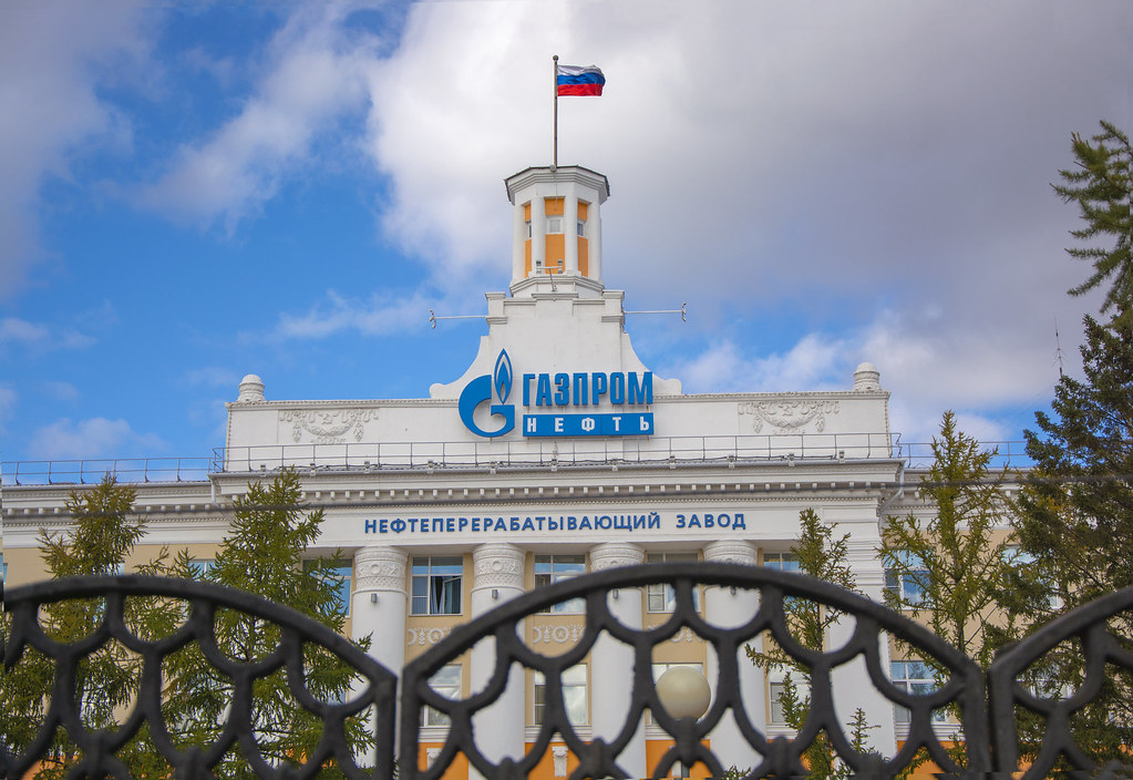 The gate of Gazprom Neft's oil refinery in Omsk, Russia