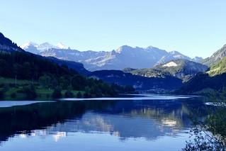 Lungerersee Switzerland panoramic mountain view early morning