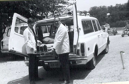 Jim Moshinskie, left, and Van McClintock, at Emerson Funeral Home's Ambulance Unit 9, Jonesboro, Arkansas, 1969