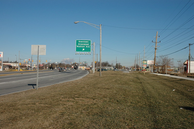 Facing north on the south side of Greenwood, Indiana where Madison Avenue connects to US-31. The old alignment of Madison Avenue (formerly IN-431, formerly US-31) continues straight into Greenwood while the bypass curves to the left to avoid the downtown.