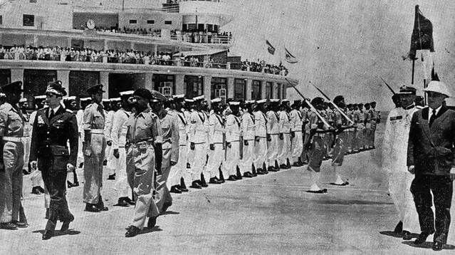 The Shah of Iran reviewing a guard of honour, Karachi Airport 1958