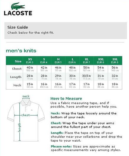 Lacoste Live Polo Size Chart