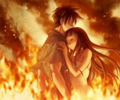 anime fire, An anime image with a couple engolfed by fire. …