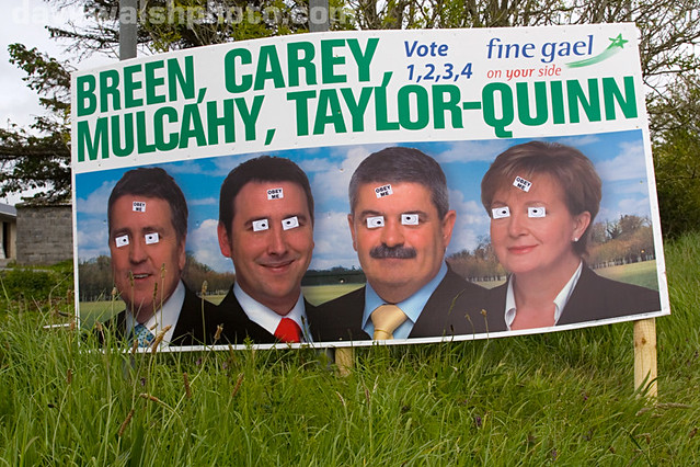 Defaced election posters between Lahinch and Ennistymon: 