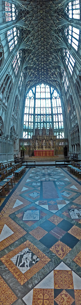 A vertical panorama of England's Gloucester Cathedral