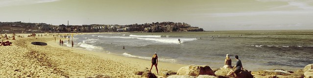 Panorama made from three photos of Bondi Beach and aged in Photoshop CS3 with hue shift