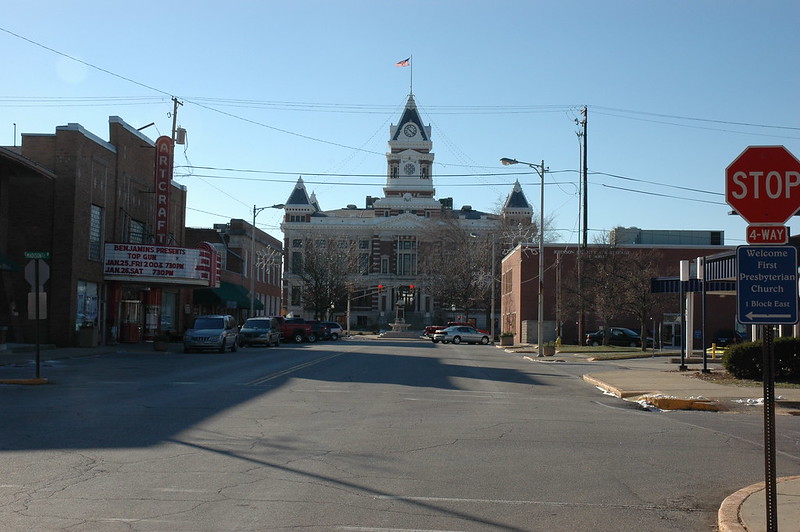 The Johnson County Courthouse in Franklin, Indiana. Photo is taken looking south on Main Street as it crosses Madison Street. On the left is the Historic Artcraft Theatre.