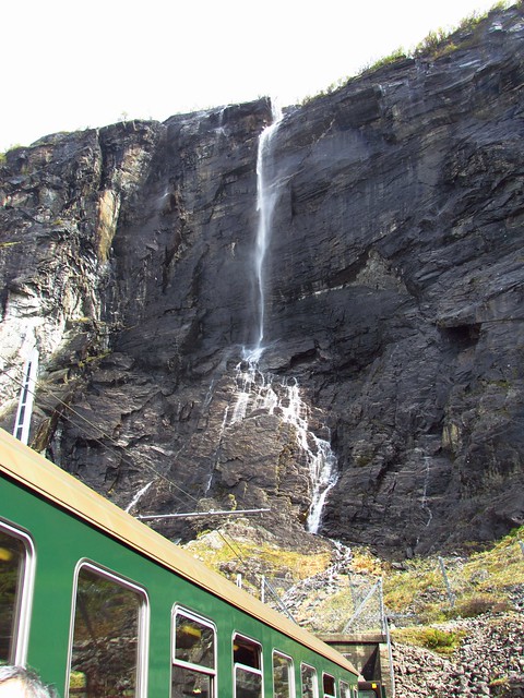Kjosfossen Fall, Kjosfossen Station, Flamsbana, Flam Railway from Myrdal to Flam, Norway