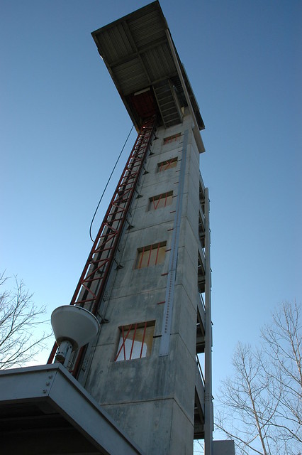 The 84-foot-tall observation tower and clock in Mill Race Park, Columbus, Indiana.