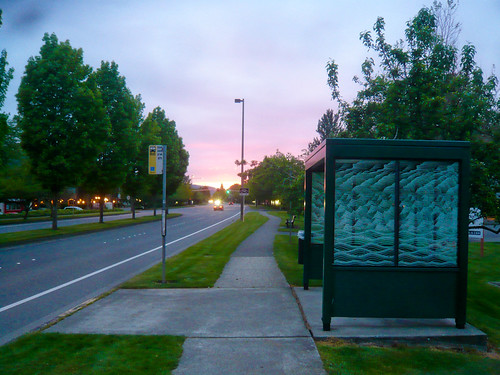 Bus stop sunset by Jeff Youngstrom, tree bench metro busstop sidewalk 200 headlight bikelane 209 issaquah 214 kingcountymetro 271 gilman