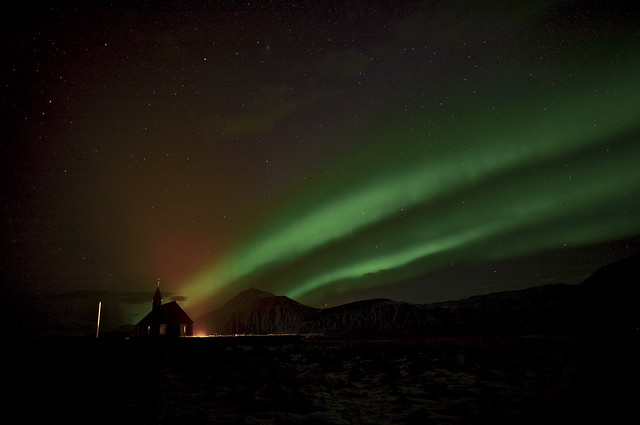The Curch at Budir in the light of the Aurora