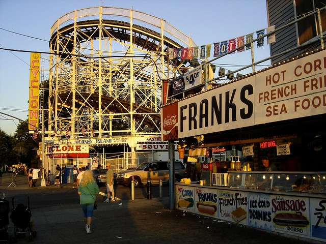 Coney Island's Cyclone roller coaster and Franks, late in the afternoon.