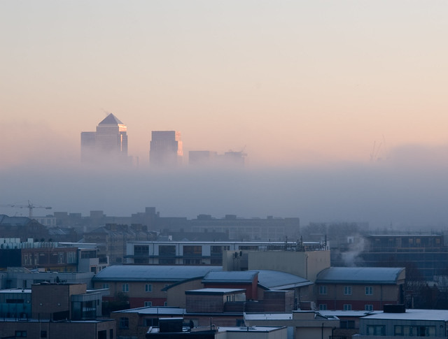 Mist shrouding Canary Wharf this morning