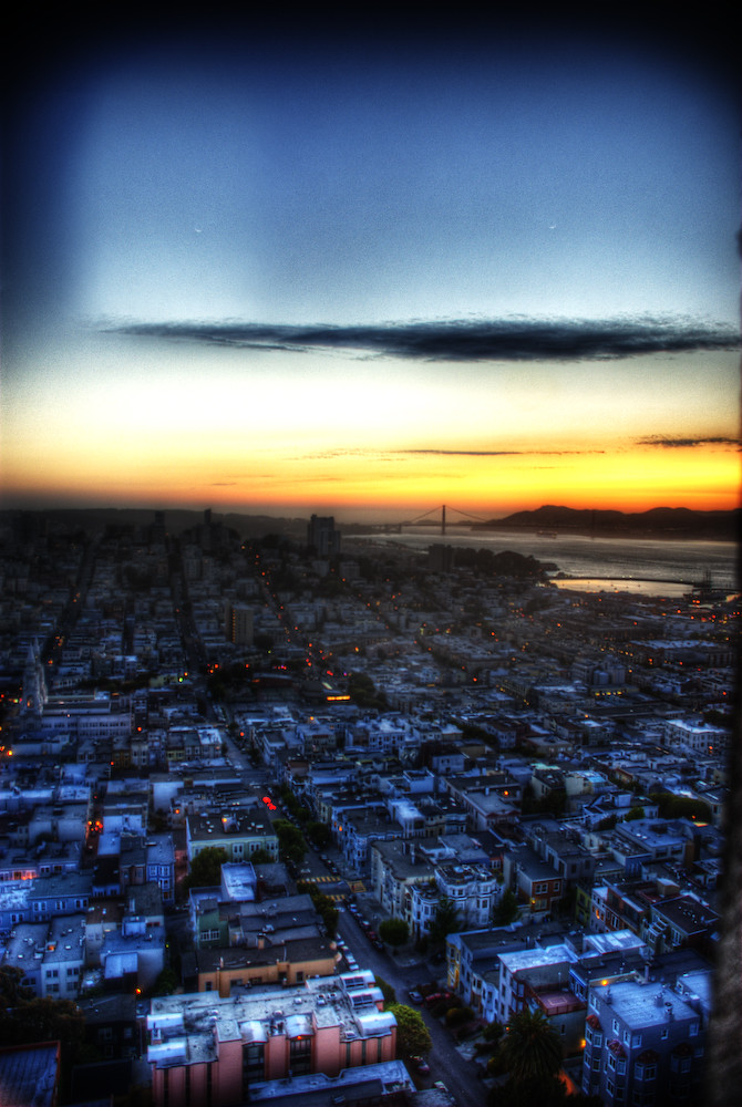 Sunset on San Francisco's Telegraph Hill and Bay Bridge