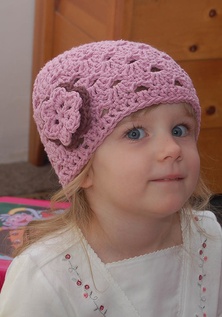 Crochet Beanie Hat Cap With Flower - Mauve, Brown, Mauve