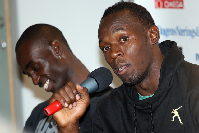 Usain Bolt og Jaysuma Saidy Ndure på presekonferanse