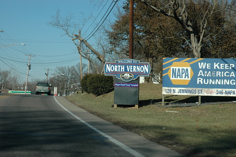Approaching North Vernon, Indiana on State Street (Indiana State Roads 3 and 7). The sign features the name of the mayor: Harold 