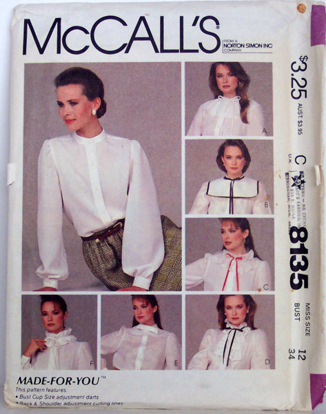 Vintage McCalls 8135 Misses' 80s Blouse Set and Collars Size 12 UNCUT