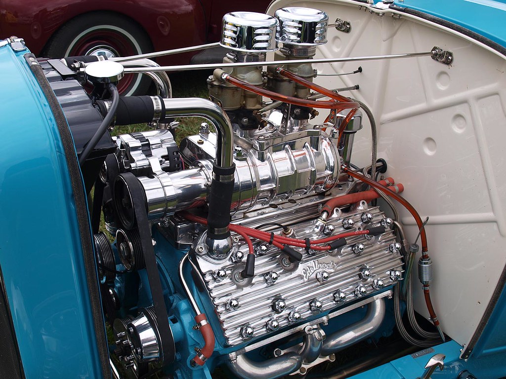 Here's a close up shot of the blown flathead V8 engine in the 1932 For...