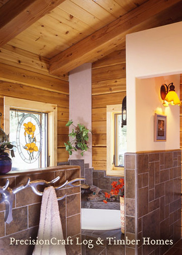 Custom Milled Log Home Bathroom | Located in Colorado | by PrecisionCraft Log & Timber Homes