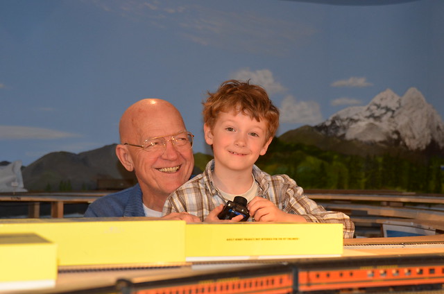 Jameson and Grandpa O'Neill playing trains